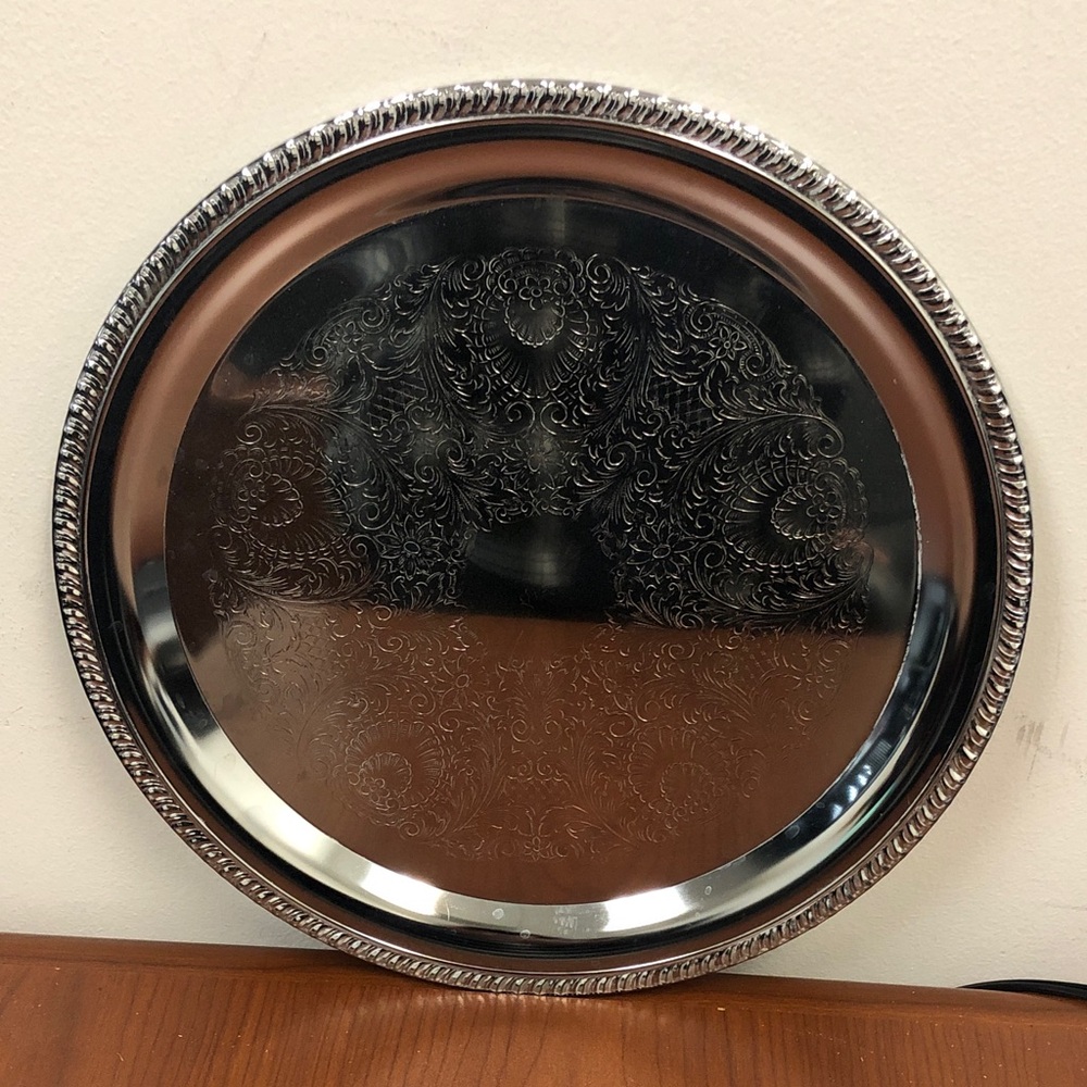 Decorative Embossed Metal Serving Tray - Silver plated